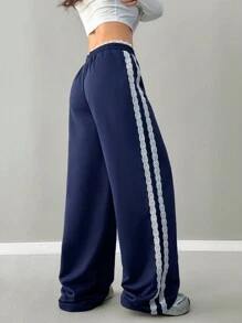 SHEIN EZwear Women's Spring Summer Daily Wear Y2K Fashion Streetwear Preppy Homecoming Casual Knit Lace Banded Texture Decoration Drawstring Elastic Waistband With Pockets Navy Blue Wide Leg Sweatpants