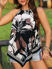 Breezaya Plus Size Women Boho Valentine's Day Floral Asymetryczny Top Halter, Wiosna/Lato