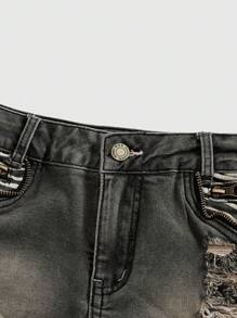 ROMWE Grunge Punk Y2K Baddie Zebra Patchwork Cross Vintage Low-Rise Skinny Women Super Low Waist Denim Shorts - Grey - View 4