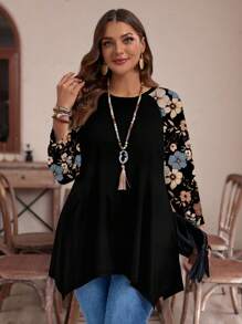 EMERY ROSE 休闲简约满版花卉印花大码 T 恤