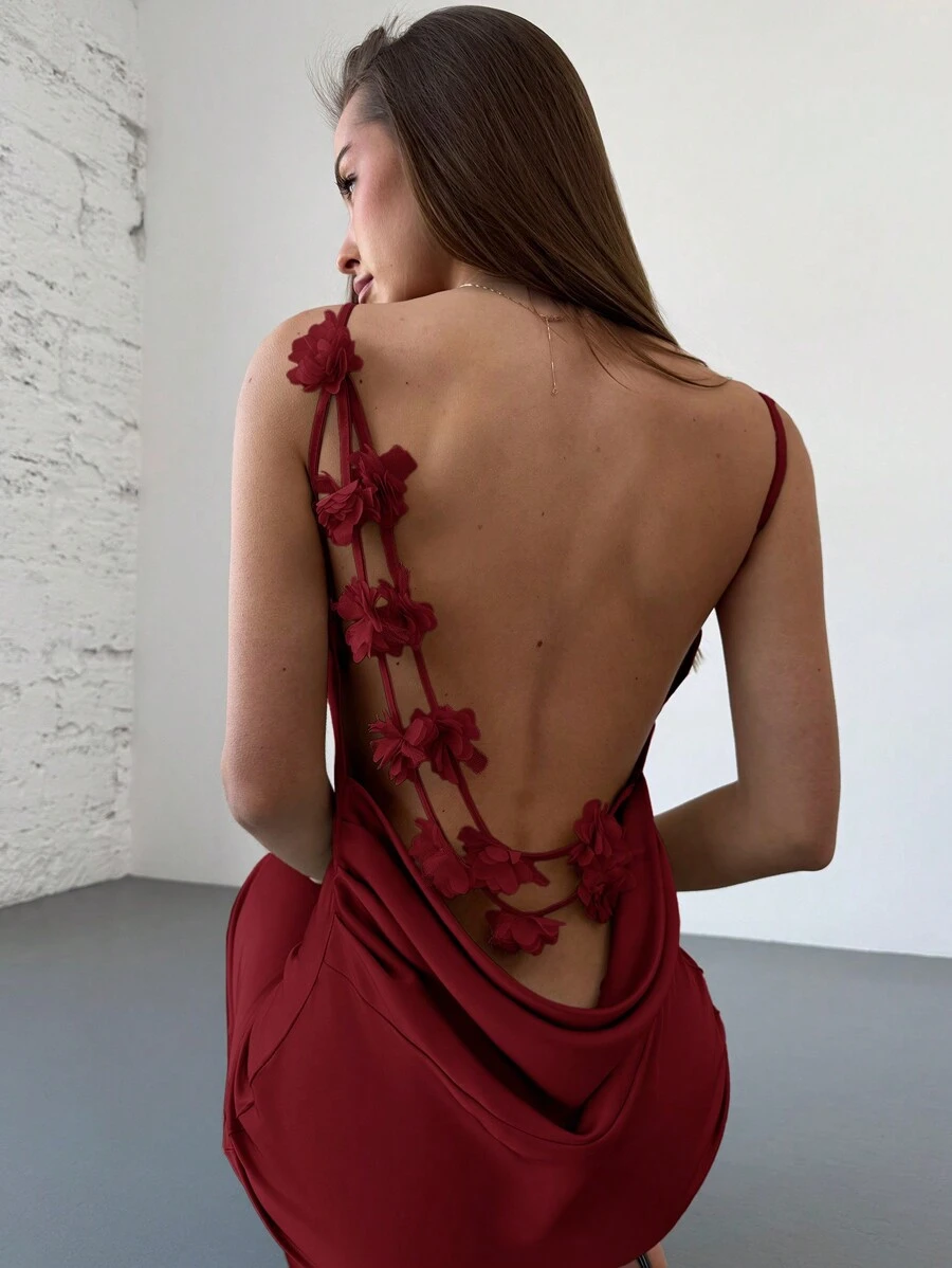 Aloruh 女士优雅露背花卉装饰垂褶缎面红色酒红色露背连衣裙 - 紅色 - 查看 1