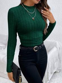 SHEIN Frenchy Camiseta de punto acanalado de corte ajustado verde con fruncido y pliegues a los lados - Verde Oliva - Ver 3