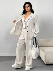 SHEIN EZwear Spring Linen Lightweight Mandarin Collar Front Button Down Jacket, Minimalist Sleeveless Top And Pants Casual Plus Size Suit Graduation,Back To School,Teacher Outfits For Women In Fall/Winter