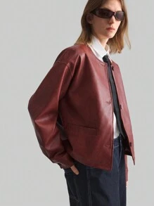 Ontre 2pcs Women's Apparel New Style Spring Valentine's Day Round Neck Long Sleeve Angola Red All-Match Round Neck Long Sleeve Cropped PU Material Jacket All-Match Casual Wear - Burgundy - View 8