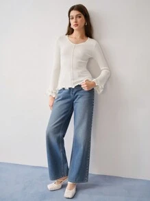 MOTF STUDIO RIBBED KNIT FLARE SLEEVE SWEATER, LONG SLEEVES, OPEN WORK SWEATER, LIGHT WEIGHT - White - View 3