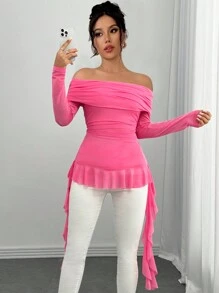 Chiquease Fashionable Sexy Off-Shoulder Long Sleeve Asymmetrical Ribbon Detail Tee - Pink - View 3