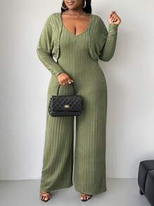 Slaydiva Plus Size Women V-Neck Solid Color Plush Ribbed Green Tracksuit Set, Casual Homewear