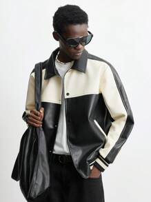 Maija Men's Spring 2025 New Arrival Black & White Contrast PU Zipper Jacket, Casual, Versatile For Daily Wear, Party, Vacation, Commuting