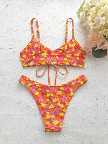 SHEIN Swim Print Random Spaghetti Strap Wireless Drawstring Tankini Top And Bikini Bottoms, Cute Beach Bikini Set For Women Summer - Multicolor - View 2