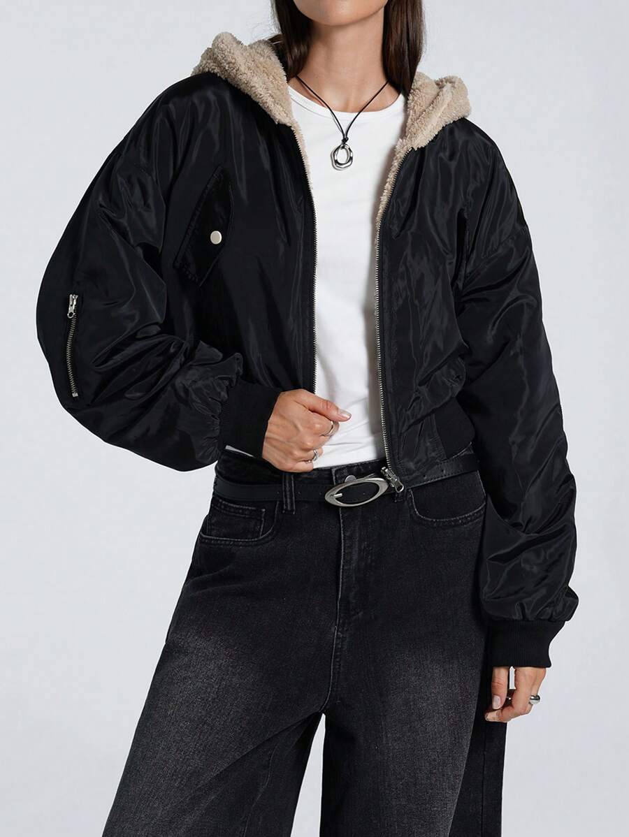 LYSMO Women's Solid Color Long Sleeve Zip-Up Design Thermal Lined Hooded Casual Loose Jacket, Fall/Winter - Black - View 1