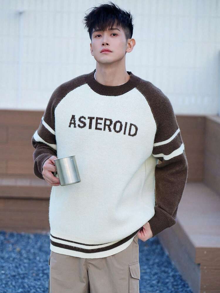 Autumn Patchwork Contrast Color Letter Men Sweater