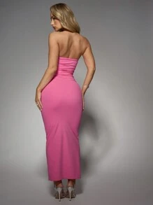 MISSGUIDED 抹胸无肩带长款连衣裙，优雅晚礼服，修身褶皱设计，及地长裙，适合派对、婚礼、晚宴等场合穿着。 - 粉色 - 查看 2