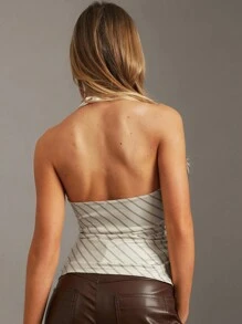 Siren Gaze Women's Summer Apricot Tight-Fit Deep V-Neck Halter Top With Diagonal Stripes Party Chic