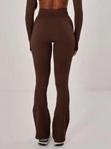 Musera Sport Ribbed Waist Flare Yoga Sports Trousers, Padel, Tennis, Pickleball Gym Fitness - Chocolate Brown - View 4