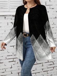 SHEIN LUNE Plus Size Women Casual Minimalist Geometric Print Thin Jacket Autumn Winter Clothes For Women - Multicolor - View 3