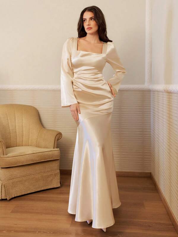 RueChic Women's Satin Square Neck Ruched Sleeve Elegant Maxi Evening Dress