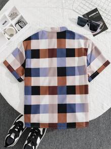 Tween Boy Casual College Color Block Corduroy Lapel Loose Open Front Short Sleeve Woven Shirt, Suitable For School, Garden, Beach, Birthday In Spring, Summer, Autumn, Winter