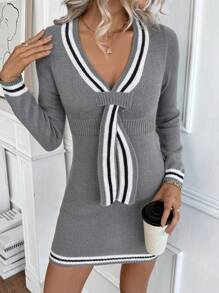 SHEIN LUNE Women Solid Color Splice Long Sleeve Casual Loose Short Mini Dress Fall Cloth For Women