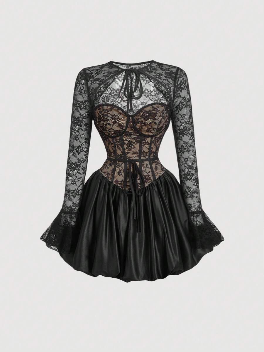 SHEIN MOD 女士蕾丝仿两件套长袖泡泡迷你连衣裙，新年女装，紧身胸衣，黑色连衣裙优雅 - 黑色 - 查看 1