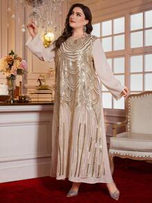 Al Najma Plus Size Women Embroidery & Pearl Beads Patchwork Long Dress, Modest - Apricot - View 6