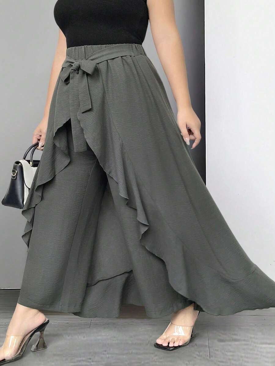 SHEIN LUNE Plus Size Women Ruffle Waist Wide Leg Pants Casual Culottes Fall - Grey - View 1