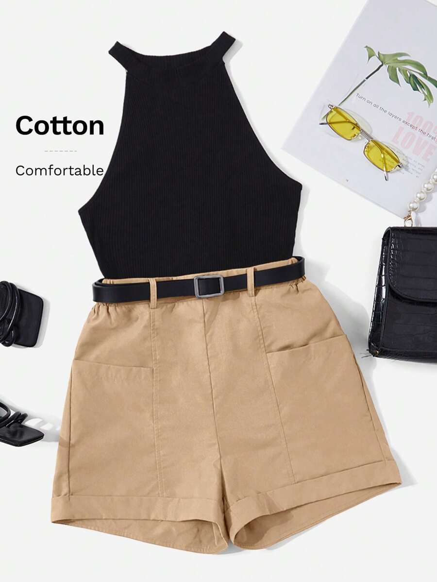 SHEIN Essnce 掛脖上衣&短褲不附腰帶 - 彩色 - 查看 1