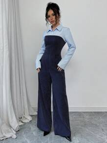 Selianne 休闲百搭通勤衬衫 + 裤子套装，带撞色条纹面板和纽扣细节，修身廓形，秋冬 - 彩色 - 查看 3