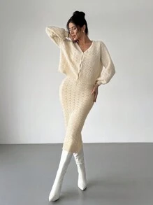 Firerie 2 件女式针织开衫和针织连衣裙套装 - 杏色 - 查看 6