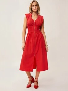 SHEIN Essnce 女士优雅纯色无袖中长连衣裙，腰部收褶