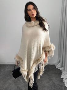 Modelyn Suéter casual de mujer con parches de peluche y flecos - Caqui - Ver 2