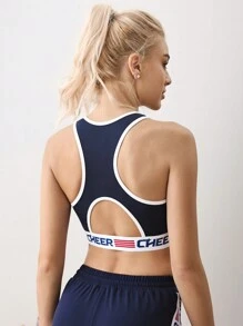 Cheerettes Women's Navy Patchwork School Style Letter Graphic Detail Minimalist Casual Sports Bra For Daily Wear & Training