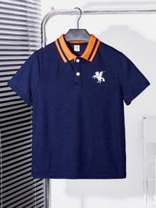 Tween 男童宽松拼色翻领短袖针织 Polo 衫，休闲春夏户外运动学校派对百搭百搭 - 藏蓝色 - 查看 1