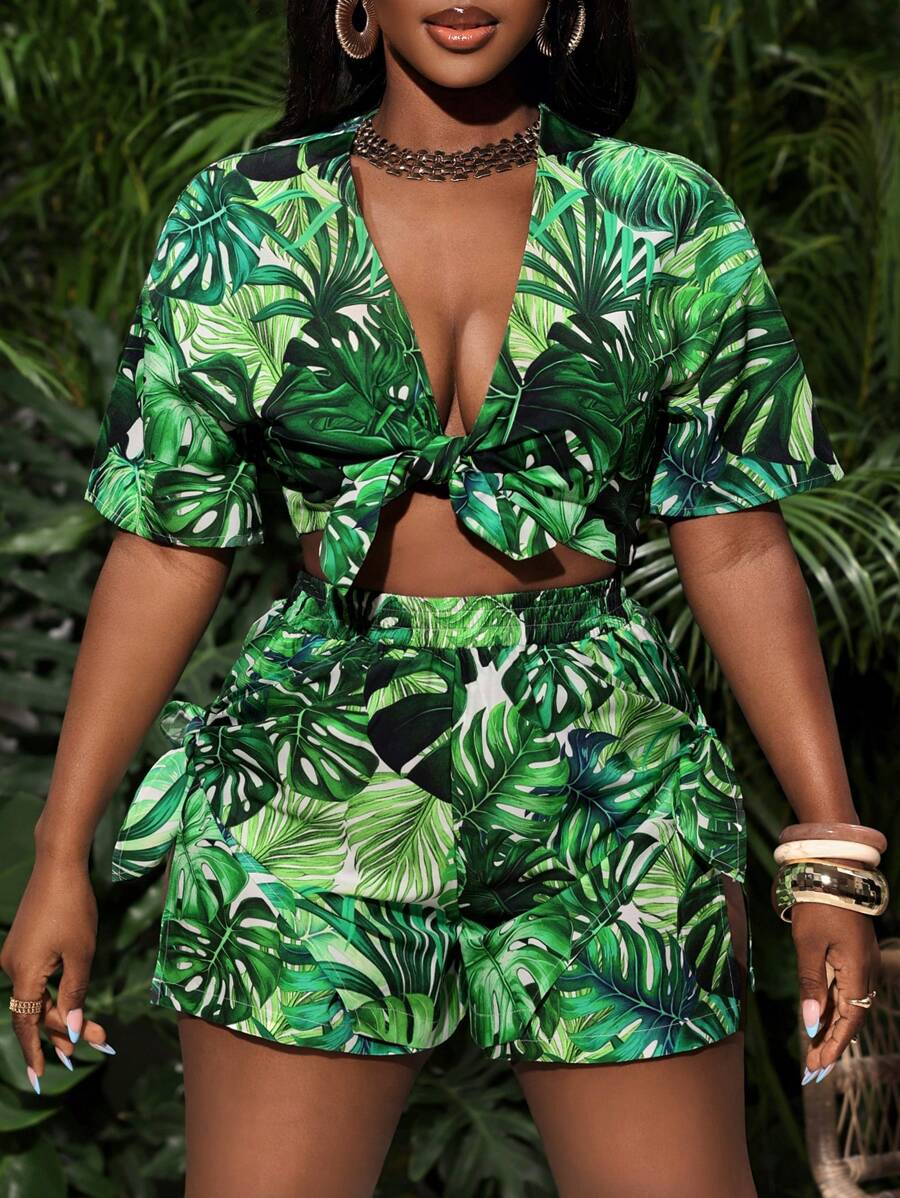 Slaydiva 2 件套度假性感绿色花卉印花系带镂空短裤套装（女式） - 綠色 - 查看 1