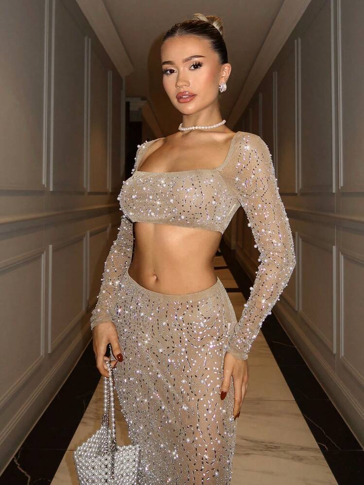 SHEIN BAE Elegant Women's Rhinestone Detail Square Neck Long Sleeve Top, Suitable For Casual Dates, Nights Out, Parties, And Other Occasions,Valentine's Day,Valentine Outfits For Women - Khaki - View 6