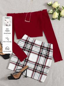 SHEIN Essnce Off Shoulder Lettuce Edge Tee And Tartan Two Piece Skirt Set - Multicolor - View 5