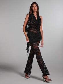 SHEIN BAE 女士优雅性感透明蕾丝裤情人节黑色性感透视蕾丝紧身喇叭裤女士度假女士新年女士紧身裤女士度假女士西部装女士 - 黑色 - 查看 7