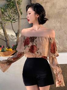 DAZY Blusa de mujer con hombros descubiertos y mangas con diseño de pezuña de caballo, con volantes, top con hombros descubiertos