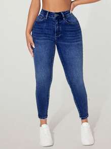 SHEIN PETITE Women's Front Button Pocket Simple Casual Denim Jeans, Daily Wear - Dark Wash - View 3