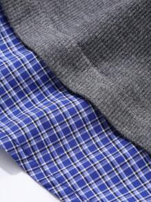 DAZY Camisa de mujer de manga larga con hombros descubiertos, cuello de corbata y diseño de patchwork a cuadros