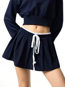 LYSMO 2 pièces Ensemble pour femme - Top à manches longues à imprimé à carreaux et jupe plissée - Bleu marine - Voir 7