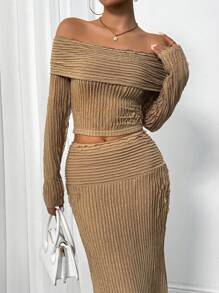 TrendSteals 优雅性感露肩上衣和美人鱼下摆短裙 2 件套，适合女士工作 - 駝色 - 查看 5