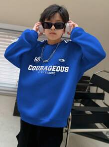 SHEIN Moletom de malha casual estilo coreano com estampa de letras fofas e detalhes de patch, gola redonda e manga comprida para meninos pré-adolescentes