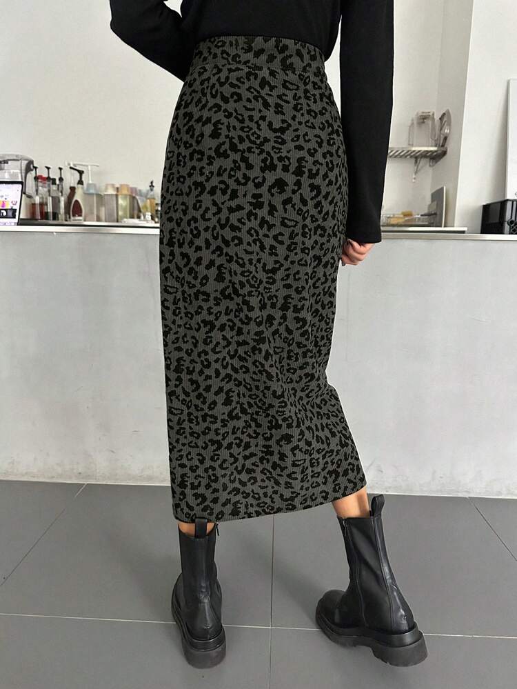 Women Straight Leopard Print Skirt, Simple Casual For Everyday Wear Fall,Winter