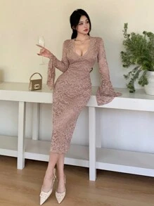 DAZY Váy midi tay loe cổ chữ V ren thanh lịch dành cho nữ, Váy cưới, Váy thu, Váy dài tay - Màu be - Xem 7