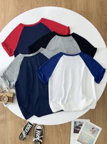 SHEIN Leap Crew Buy 3 Get 1 Free, 4pcs/Set Tween Boy Crew Neck Raglan Sleeve Contrast Color Casual Tee Set, Suitable For Autumn, Spring, Summer, Outdoor Play, School, Street, Party And Home Leisure - Multicolor - View 2