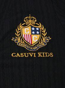 SHEIN 3-Piece Set: Boys Academy Style Collared Shirt, Academy Style Casual Shorts, Embroidered Academy Style Knit Cardigan With Necktie - Navy Blue - View 5