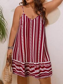 SHEIN VCAY Plus Size Boho Spaghetti Strap Striped Casual Short Dress, Sukienka na Lato
