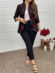 SHEIN LUNE 2pcs/Set Plus Size Casual Heart Print Jacket And Pants Set Valentines Spring Clothes Summer Clothes Spring Outfits For Women Vacation Outfits Woman - Multicolor - View 5