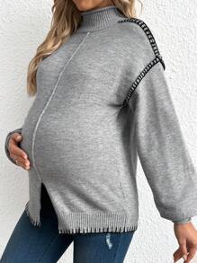 SHEIN Women's Knitted Turtleneck Long Sleeve Maternity Sweater, Winter - Grey - View 5