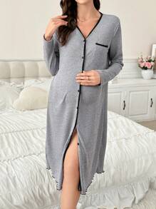 撞色侧袋设计孕妇长袖哺乳连衣裙